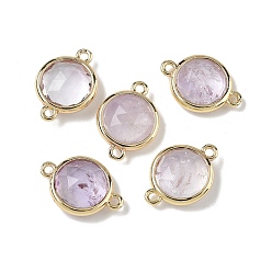 Аметист Латунные паве натуральные аметисты граненые плоские круглые подвески-соединители, стойки покрытие, долговечный, золотые, 12x17.5x5.5 мм, отверстие : 1.4 мм