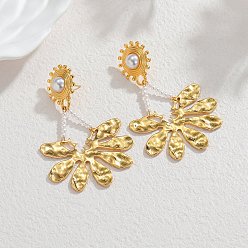 Золотой 304 Серьги-подвески из нержавеющей стали и пластика с имитацией жемчуга, цветок, золотые, 69x44.5 мм