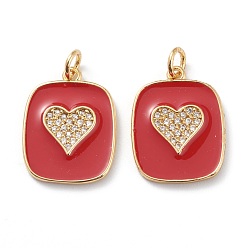 Golden Brass Micro Pave Clear Cubic Zirconia Pendants, with Red Enamel, Long-Lasting Plated, With Jump Rings, Rectangle with Heart, Golden, 19x15x2mm, Hole: 3mm, Jump Ring: 5x1mm