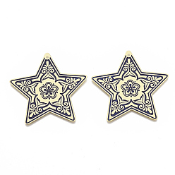 Midnight Blue Brass Enamel Big Pendants, Etched Metal Embellishments, Matte Gold Color, Star with Flower, Midnight Blue, 50x50x0.3mm, Hole: 1.6mm