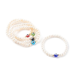 Mixed Color Natural Pearl Stretch Beaded Bracelets, with Round Evil Eye Lampwork Beads and Brass Beads, Real 18K Gold Plated, Mixed Color, Inner Diameter: 2-1/8 inch(5.5cm)