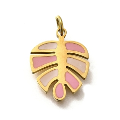 Pink 304 из нержавеющей стали шармы эмали, с целью перехода в кольце, очарование листа, реальный 18 k позолоченный, ионное покрытие (ip), розовые, 14.5x11.5x1.2 мм, отверстие : 3 мм