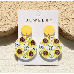 Золотистый Акриловые болтаться серьги стержня, плоские круглые с цветочным узором, золотые, 47x32 мм