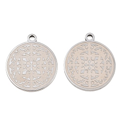 Stainless Steel Color 304 Stainless Steel Pendants, Flat Round with Flower Pattern Charms, Stainless Steel Color, 25x21.5x2mm, Hole: 2mm