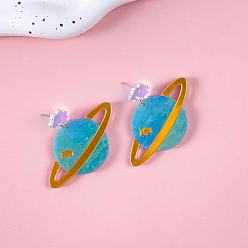 Темно-Голубой Акриловые серьги-гвоздики с подвесками «Планета», платина, глубокое синее небо, 60x51 мм