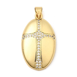 Настоящее золото 18K Латунные микропаве прозрачные подвески с фианитом, овальные с поперечными прелести, без свинца и без кадмия, долговечный, стойки покрытие, реальный 18 k позолоченный, 28x16.5x4 мм, отверстие : 4x3.5 мм