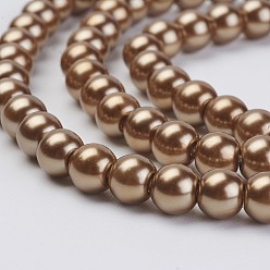 Coffee Eco-Friendly Dyed Glass Pearl Beads Strands, Grade A, Round, Cotton Cord Threaded, Coffee, 6mm, Hole: 1.2~1.5mm, about 70pcs/strand, 15.7 inch