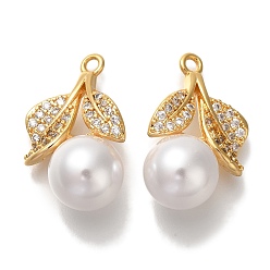 Настоящее золото 18K Латунные микро проложить кубического циркония подвески, с ABS имитации жемчуга, вишня, реальный 18 k позолоченный, 22.5x14x10 мм, отверстие : 1.5 мм