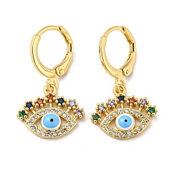 Light Sky Blue Evil Eye Golden Brass Dangle Leverback Earrings, with Enamel and Cubic Zirconia, Light Sky Blue, 25.5x15mm
