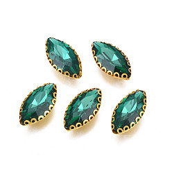 Teal Sew on Rhinestone, Transparent Glass Rhinestones, with Iron Prong Settings, Faceted, Horse Eye, Teal, 15.5x8x4.5mm, Hole: 0.9mm