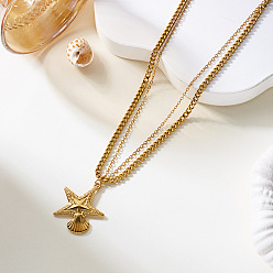 Starfish Summer Beach 304 Stainless Steel Double Layer Pendant Necklaces for Women, Golden, Starfish, 15.75 inch(40cm), Pendant: 35x30mm