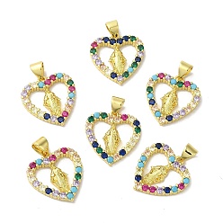 (52) Непрозрачная лаванда Латунные микро проложить кубический цирконий подвеска, без свинца и без кадмия, долговечный, реальный 18 k позолоченный, Сердце с Девой Марией, разноцветные, 18x17x2.5 мм, отверстие : 5x4 мм