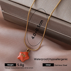 Estrella Collares vintage de acero inoxidable con colgante redondo de esmalte rojo anaranjado y cadena tipo serpiente para mujer, dorado, estrella, 304 pulgada (15.75 cm)