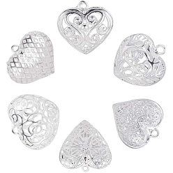 Silver Brass Filigree Heart Pendants, Silver Color Plated, 21.5x19.5x10.5mm