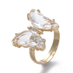 Прозрачный Регулируемые латунные пальцевые кольца, с четким кубического циркония, бабочка, золотые, прозрачные, Размер 7, внутренний диаметр: 17 мм