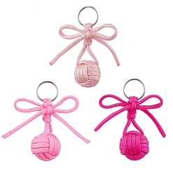 Mixed Color 3Pcs Polyester and 304 Stainless Steel Braid Ball Keychains, Bowknot, Mixed Color, 96mm