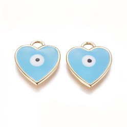 Небесно-голубой Золотые тона латунные подвески, с эмалью, сердце с сглаза, голубой, 17x15x2 мм, отверстие : 3x2 мм