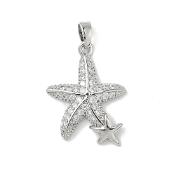 Платина Латунные микро проложить кубического циркония подвески, морская звезда, платина, 24x17.5x3 мм, отверстие : 2.8x4 мм