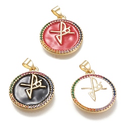 Mixed Color Brass Micro Pave Cubic Zirconia Pendants, with Enamel, Real 18K Gold Plated, Flat  Round with Faith Cross, Mixed Color, 23x20x2mm, Hole: 3x5.5mm