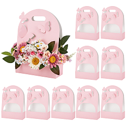 Pink Бумажные цветочные коробки с бабочками, складные картонные подарочные коробки, Коробки для упаковки букетов свежих цветов с окошком., розовые, 25x9x35.5 см