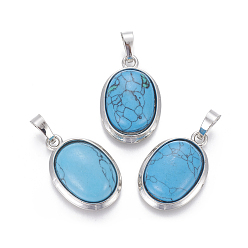 Синтетическая Бирюза Синтетические бирюзовые подвески, с латунной фурнитурой , овальные, платина, 25~26x17~17.5x8~9 мм, отверстие : 8x5 мм