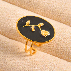 Золотой Регулируемая манжета из нержавеющей стали с эмалированным покрытием, открытые кольца для женщин., овальные с розовым цветком, золотые, 304 мм, внутренний диаметр: 26 мм