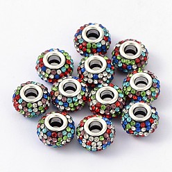 Colorful Resin Rhinestone European Beads, Grade A, with Silver Plated Brass Double Cores, Rondelle, Colorful, 15x10mm, Hole: 5mm