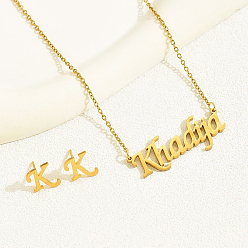 Золотой Комплекты из серег-гвоздиков с буквой «К» из нержавеющей стали и подвесок в виде слова «Хадиджа» для женщин, золотые, ожерелья: 19.29 дюйм (49 см), серьга: 0.43x0.39 дюйм(1.1x1см)