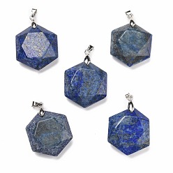 Ляпис-Лазурь Природный лазурит подвески, с латунной фурнитурой платинового цвета, граненые, шестиугольник, 37x24x10 мм, отверстие : 4x4 мм