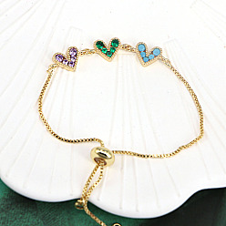 (52) Непрозрачная лаванда Регулируемые браслеты-слайдеры с цепочкой-коробкой, латунные браслеты-цепочки с микропаве из кубического циркония в форме сердца для женщин, золотые, разноцветные, 5-7/8~9-7/8 дюйм (15~25 см)