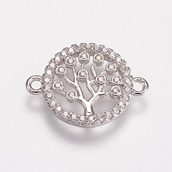 Platinum Brass Micro Pave Cubic Zirconia Links, Cadmium Free & Lead Free, Clear, Flat Round with Tree of Life, Platinum, 12x16x2mm, Hole: 1mm
