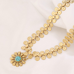 Золотой Женские ожерелья с подвесками из нержавеющей стали и синтетической бирюзы в виде цветка, золотые, 304 дюйм (15.75 см)