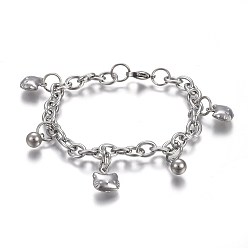 Edelstahl Farbe Anlaufgeschützt 304 Edelstahl-Charm-Armbänder mit Kätzchenmotiv, mit 201 Edelstahlring, mit Karabiner verschlüsse, runde und Katzenkopfform, Edelstahl Farbe, 7-1/2 Zoll (19 cm), Charme: 8.5x6 und 11x9.5 mm