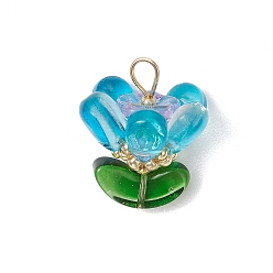 Темно-Голубой Подвески из латунного стекла с цветами, глубокое синее небо, 22x18.5x18.5 мм, отверстие : 3.5x3.5 мм