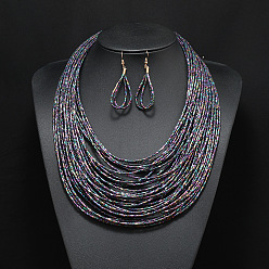 Разноцветный Многослойные ожерелья и серьги-капли в стиле бохо из стеклянных бусинок, сплав ювелирных изделий, красочный, 480 мм