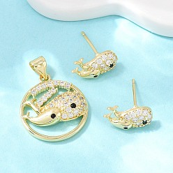Whale Комплект из латунного кулона и серег-гвоздиков с микропаве из кубических цирконий для женщин, реальный 18 k позолоченный, кит, 12.5x7 мм, 20.5x18x4 мм, отверстие : 5x3.5 мм