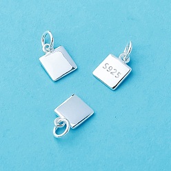 Серебро 925 квадратные подвески из стерлингового серебра, с перемычками и 925 штампом, серебряные, 7.5x5.5x1 мм, отверстие : 2.5 мм