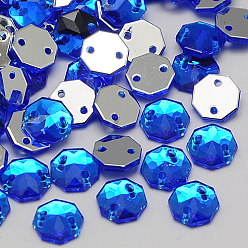 Blau Nähen auf Rhinestone, taiwan Acryl Strass, zwei Löcher, Bekleidungszubehör, facettierte Achtecke, Blau, 10x9.5x3 mm, Loch: 1 mm