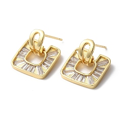 Real 18K Gold Plated Clear Cubic Zirconia Square Dangle Stud Earrings, Brass Jewelry for Women, Real 18K Gold Plated, 18.5x13mm