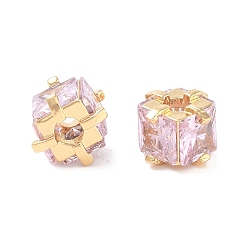 Настоящее золото 18K Латунные микро проложить кубического циркония бусы, без кадмия, без никеля и без свинца, квадратный, розовый жемчуг, реальный 18 k позолоченный, 8x8x6.5 мм, отверстие : 1.8 мм