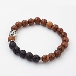 Lavastein Holz Perlen Stretch-Armbänder, mit natürlichen Lavasteinen, Messing-Spacer-Perlen und Legierung Buddha Kopf Perle, 2-1/8 Zoll (53 mm)