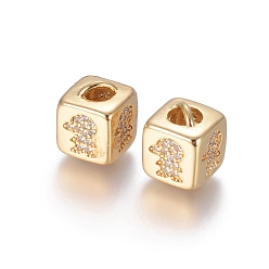Golden Brass Micro Pave Cubic Zirconia Beads, Long-Lasting Plated, Cube with Human Pattern, Golden, Clear, Golden, 10x8x8.5mm, Hole: 1.5x3.5mm and 4mm