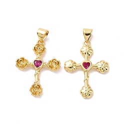 Фуксиновый Крест с цветком, латунь, микропаве, кубический цирконий, подвески, без кадмия, без никеля и без свинца, реальный 18 k позолоченный, красно-фиолетовые, 25.5x18.5x3 мм, отверстие : 3.5x5 мм