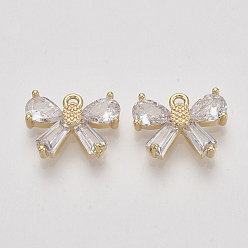 Real 18K Gold Plated Brass Micro Pave Cubic Zirconia Charms, Bowknot, Clear, Nickel Free, Real 18K Gold Plated, 10.5x19x3mm, Hole: 1.2mm