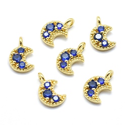 Настоящее золото 18K Латунь прелести, с кубического циркония, без кадмия, без никеля и без свинца, луна, синие, реальный 18 k позолоченный, 11x7x3 мм, отверстие : 1.5 мм
