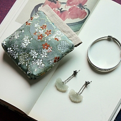 Cadet Blue Rectangle Chinese Style Cloth Jewelry Gift Bags, Change Purse, Flower Pattern, Cadet Blue, 11x10cm