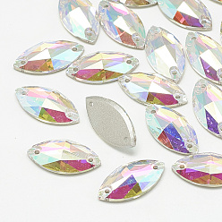 Хрусталь AB Шить на горный хрусталь, k 9 стеклянный страз, два отверстия, аксессуары для одежды, случайное цветное покрытие, граненые, лошадиный глаз , хрусталь AB, 15x7x4 мм, отверстие : 1 мм
