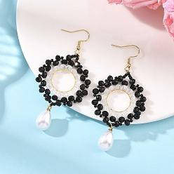 Schwarz Messing Glasperlen baumeln Ohrringe, Blume, mit Perlenanhängern aus ABS-Kunststoff, 304 Ohrhänger aus Edelstahl für Damen, Schwarz, 75x36 mm