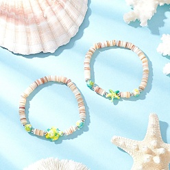 Желтый Браслеты из натуральных пресноводных ракушек в виде морских черепах и морских звезд, с латунными разделительными бусинами и окрашенными синтетическими бирюзовыми бусинами, желтые, внутренний диаметр: 2-1/8 дюйм (5.5 см), 2 шт / комплект