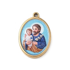 Настоящее золото 18K 304 Подвески из нержавеющей стали с религиозным принтом, овальные подвески с узором Святого Иосифа, ионное покрытие (ip), реальный 18 k позолоченный, 23.5x16x3 мм, отверстие : 1.8 мм
